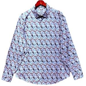 Bugatchi Men's‎ XL Air Blue Button Down Shirt Tropical Palm Leaf 8-Way Stretch